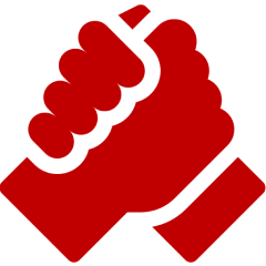 Red clenched fist symbol on black background.