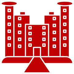 Red building symbol with towers